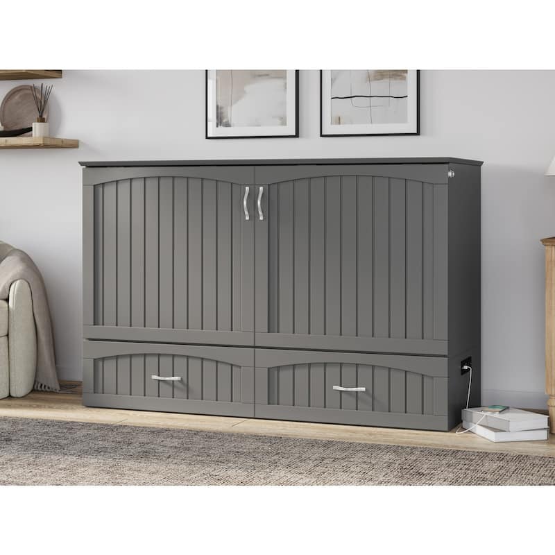 Queen Murphy Bed with Mattress & USB Charger - Solid Wood Chest - Space Saving Furniture - Modern Design