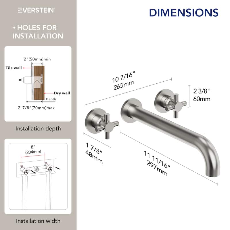 Double Handle Wall Mounted Tub Filler High Flow Tub Faucet Trim