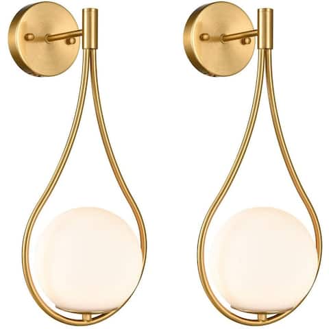 Porches Modern Brass Wall Sconce with Opal Globe Glass Shade 2-Pack - Natural Bras