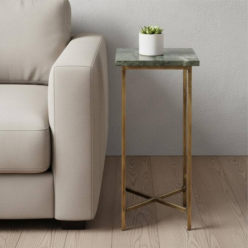 HomeRoots 21" Green and Gold Marble Drink Size Square End Table - 9.50 in. x 20.50 in. x 9.50 in. - Green - Marble