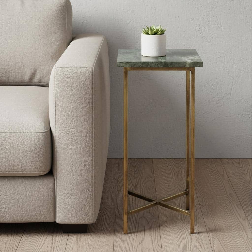 HomeRoots 21" Green and Gold Marble Drink Size Square End Table - 9.50 in. x 20.50 in. x 9.50 in.
