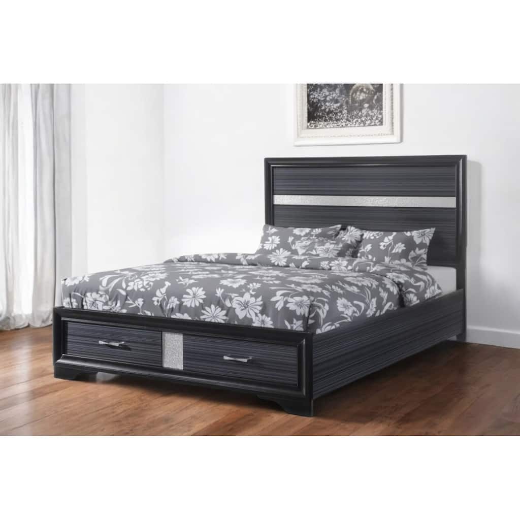 HomeRoots Black Gray and Silver Faux Crystal Bling Wood King Bed Frame With Two Drawers