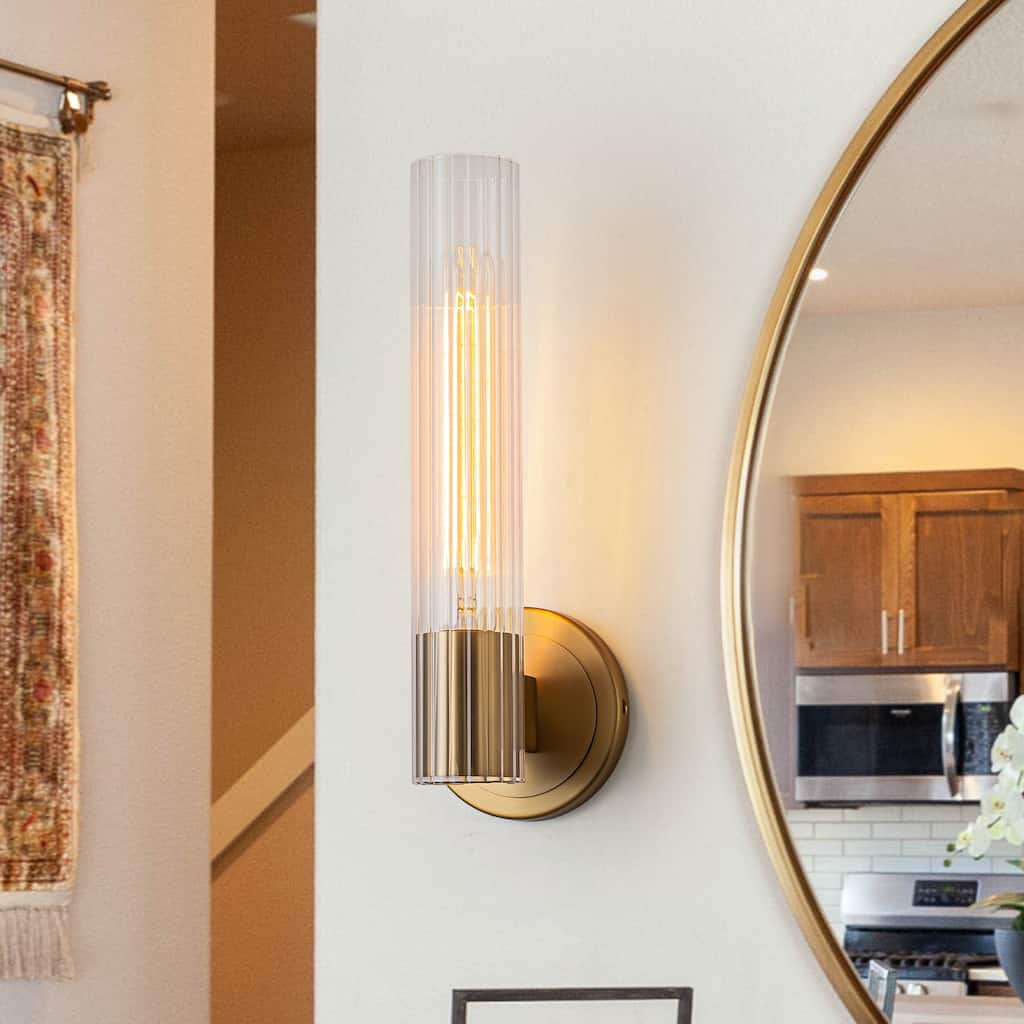 Modern Gold Wall Sconce with Glass Cylinder Shade - Elegant Lighting Fixture for Hallway, Bedroom, or Living Room - W4.3"