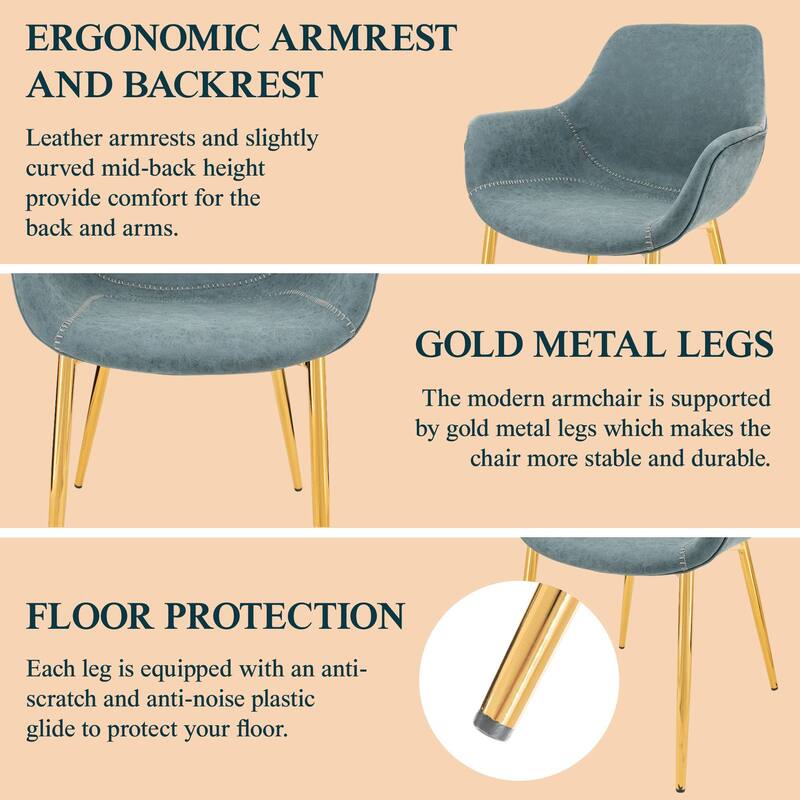 Markley Modern Leather Dining Armchair Set of 2 With Gold Metal Legs Accent Side Chair