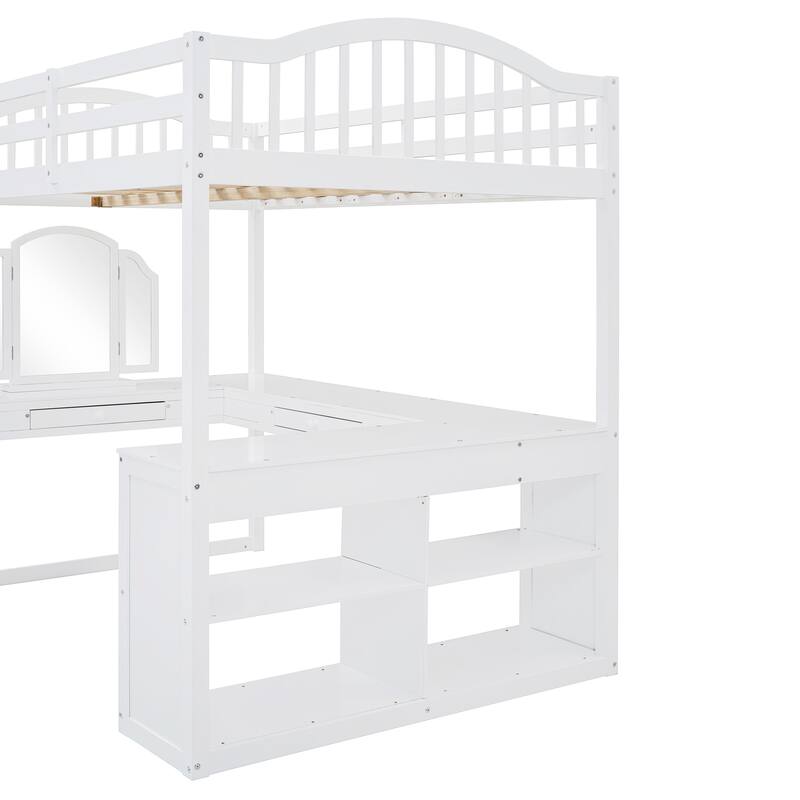 White Full Wooden Loft Bed with U-shaped Desk and Storage Compartments