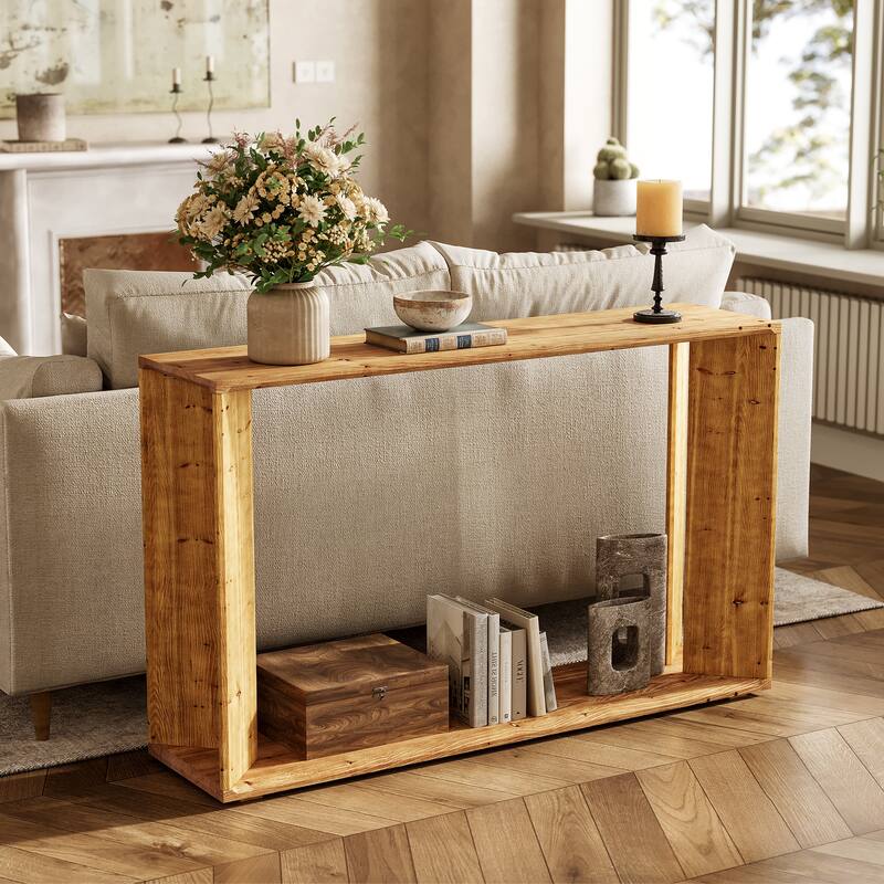 2 Tier Solid Wood Console Table for Living Room - Brown