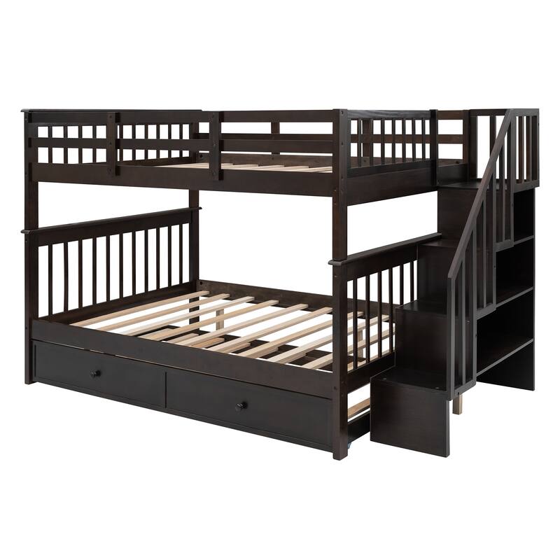 Stairway Full-Over-Full Bunk Bed with 1 Twin Trundle, 4 Open Shelves and Guard Rail