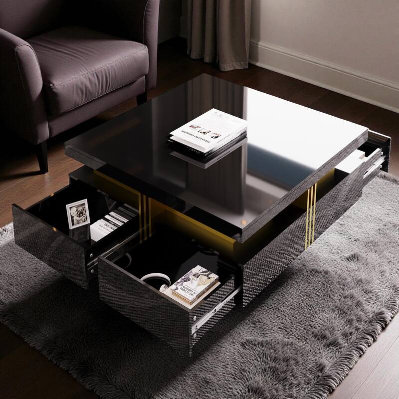 43.3" Modern Glossy Square Coffee Table with 4 Storage Drawers, High Gloss MDF Center Table for Living Room