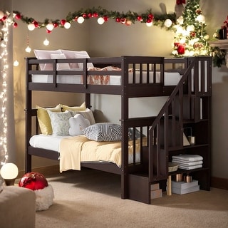 Twin over Twin Bunk Bed with Storage and Guard Rail, Espresso