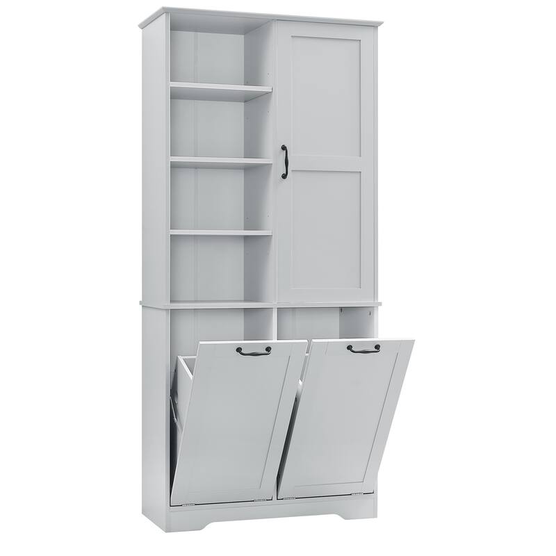 Roomfitters 68" Tall Bathroom Storage Cabinet with Dual Tilt-Out Laundry Hampers, Open Shelves & Adjustable Storage