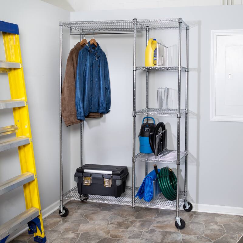 Chrome Steel Rolling Clothes Rack with Shelves