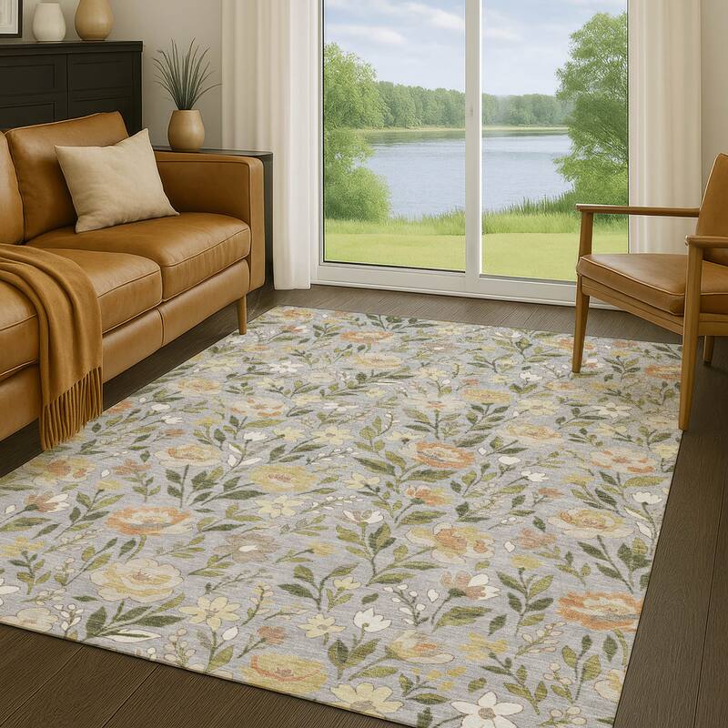 Machine Washable Indoor/ Outdoor Floral Garden Chantille Rug