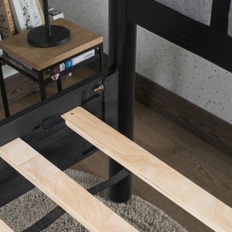 Solid Wood Platform Bed with Upholstered Headboard and Metal Handles, Heavy Duty 500 lbs Support, No Box Spring