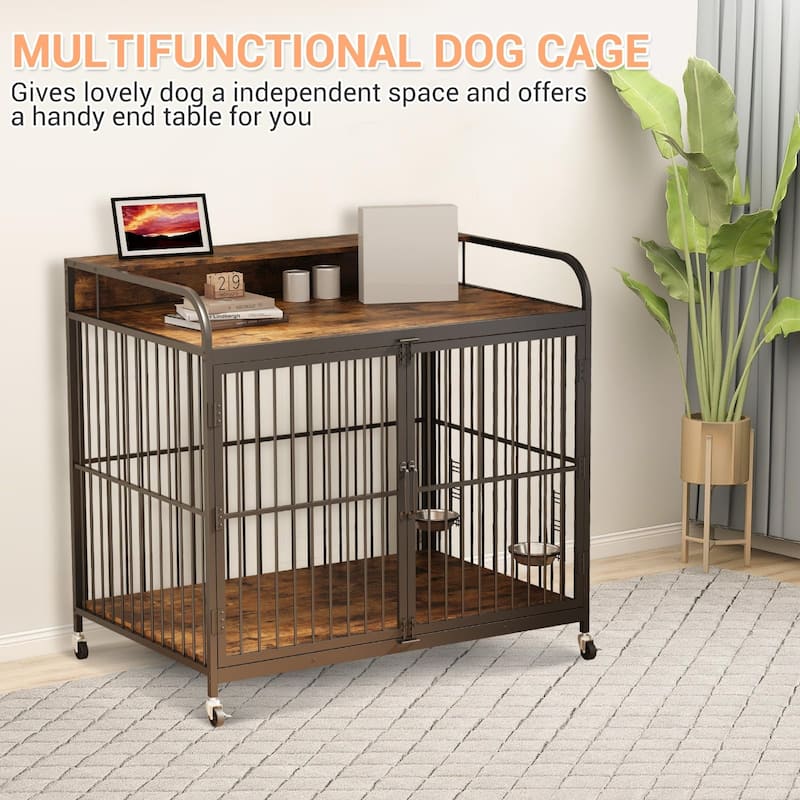 Dog Crate with Wheels, Adjustable Feeder, Storage Shelf, Table Top