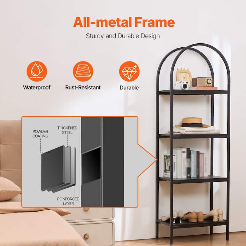 4-Tier Black Metal Freestanding Bookshelf with Adjustable Foot Pads Suitable for Any Room - 23.62" x 11.81" x 70.87"