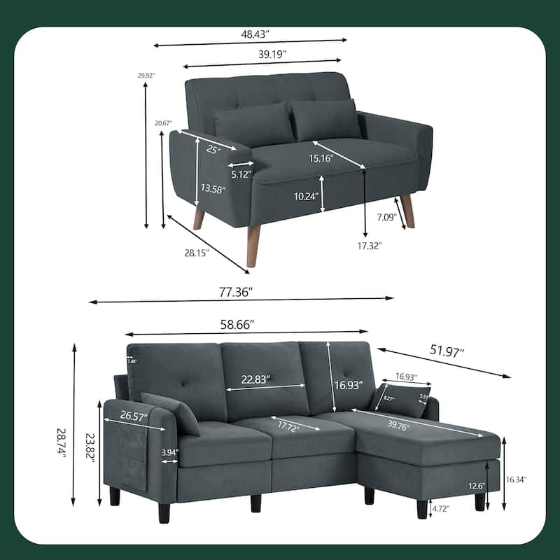 3 Pieces Living Room Set with Storage Ottoman