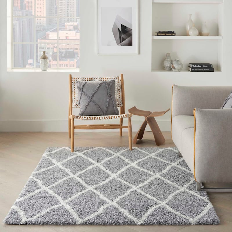 Nourison Shangri-La Geometric Trellis Lattice Shag Rug - 5' x 7' - Light Grey/Ivory - Rectangle