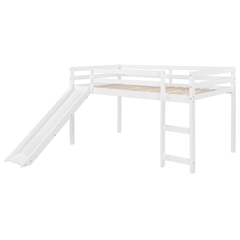 Roomfitters Twin Loft Bed with Slide and Ladder Guard Rails Solid Wood, White