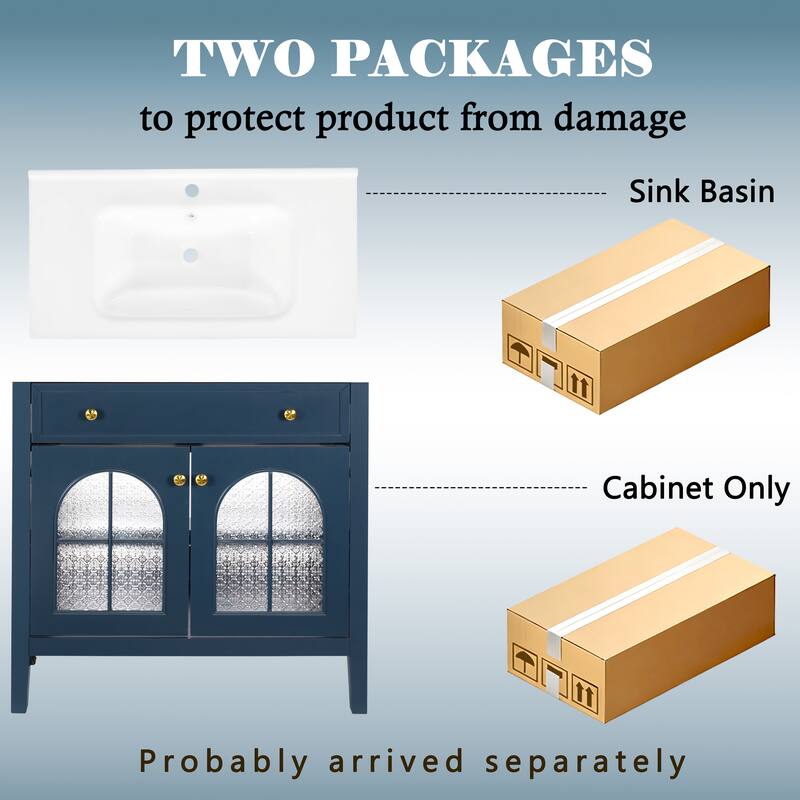 35.6" Mid-Century Bathroom Vanity Sink with Patterned Glass & Motion-sensor Light Strip, Freestanding