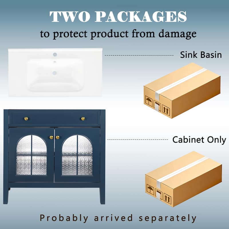 35.6-Inch Mid-Century Bathroom Vanity Sink with Patterned Glass & Motion-Sensor Light, Farmhouse Storage Vanity