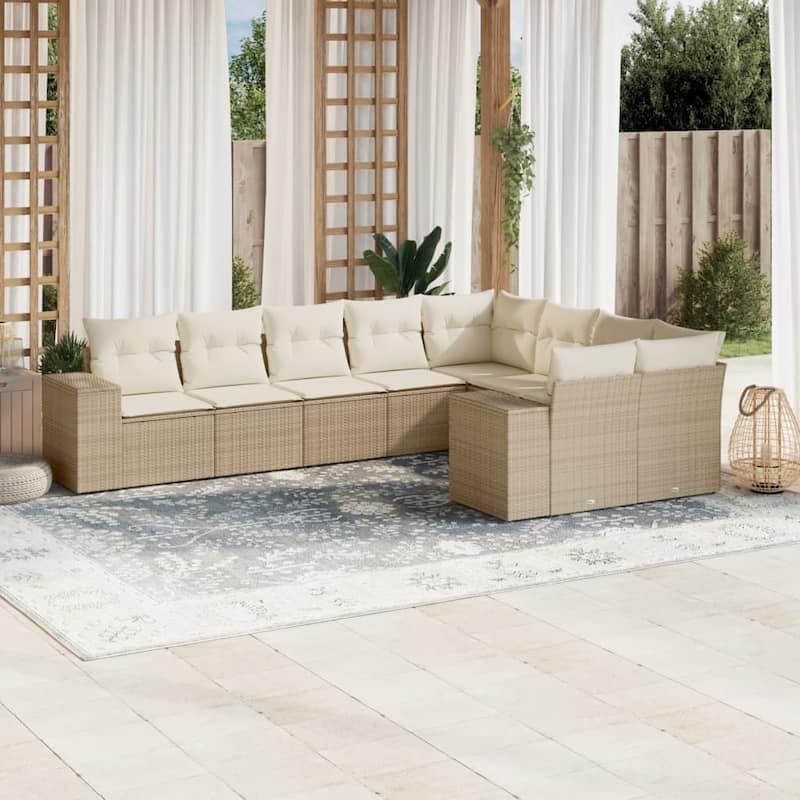 vidaXL Patio Sofa Set with Cushions Outdoor Conversation Furniture Poly Rattan - Beige and cream with table - 24.4 x 32.7 x 27.2 in