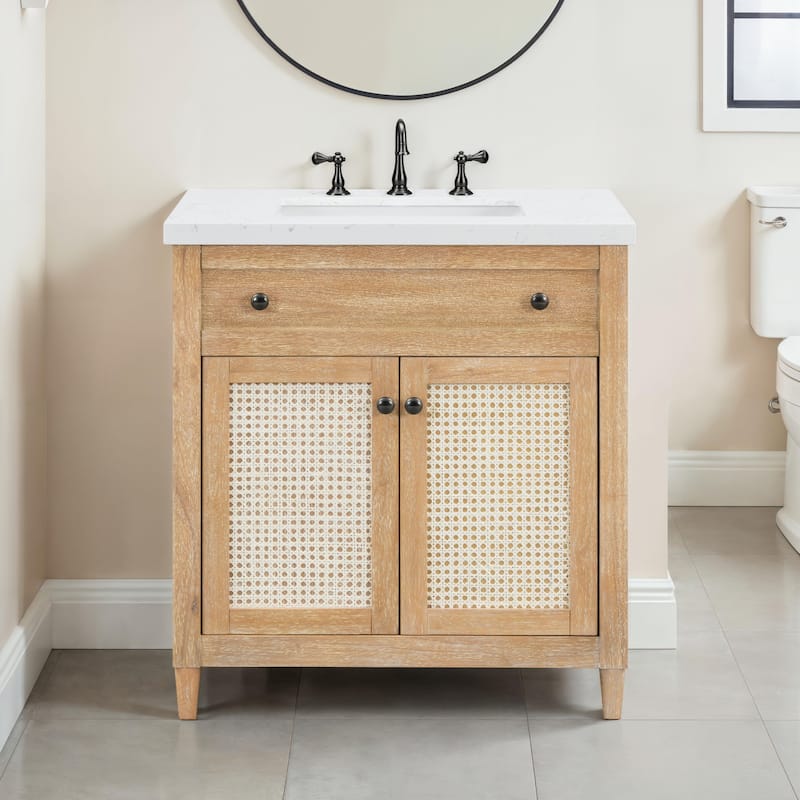 31" Cane Paneled Bathroom Vanity with Engineered Stone Top - 31 L x 22 D x 34 H