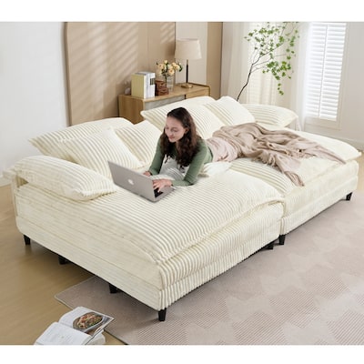 109" W Oversized Corduroy Lounge Chaise Sleeper Sofa 4 Pillows