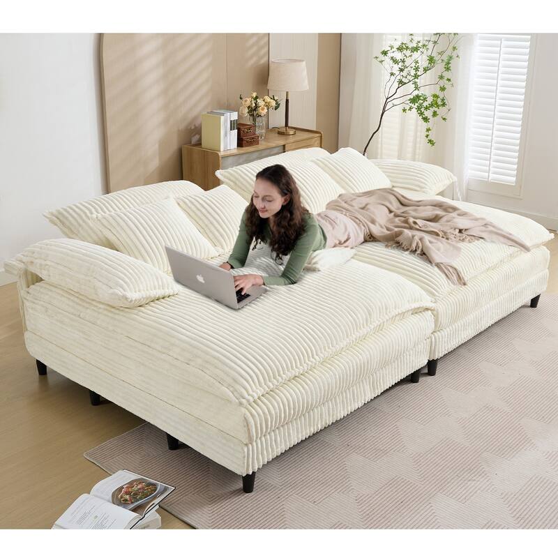 Oversized Corduroy Chaise Lounge Chair, Adjustable 4-Gear Reclining Sleeper Sofa Bed, Living Room Deep Seat Leisure Sofa Chair