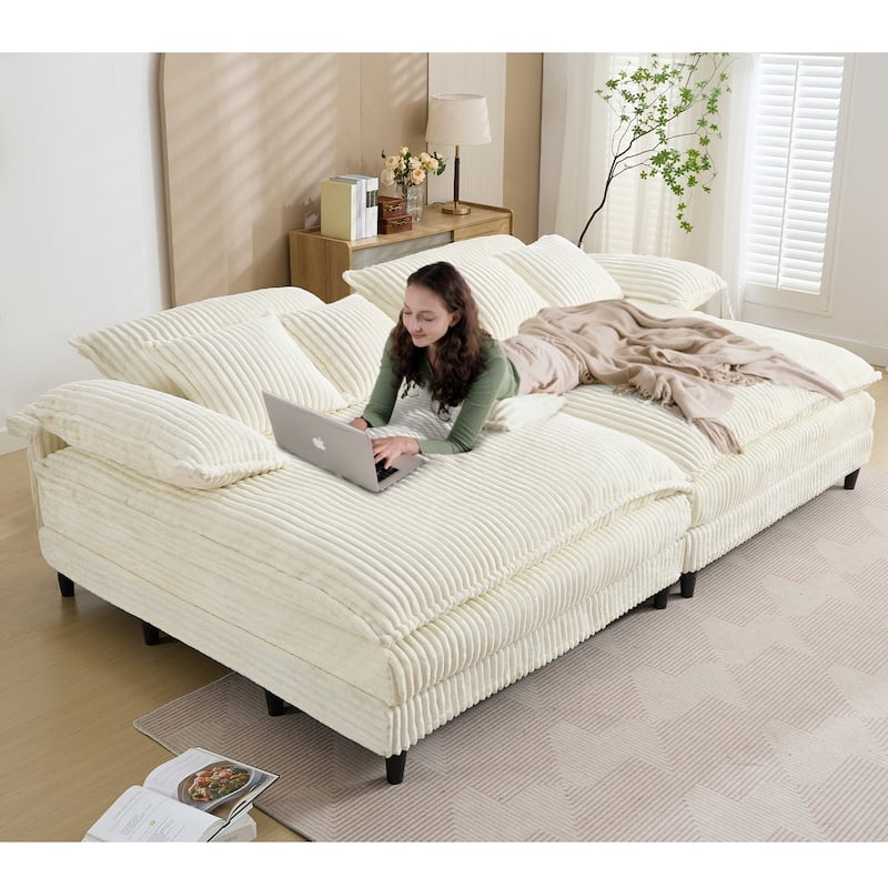 Oversized Double Lounge Chaise Reclining Sleeper Sectional Sofa Bed Corduroy Deep Seat Couch with 4-Gear Adjustable Backrest