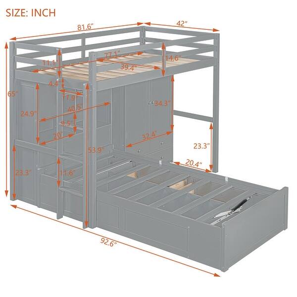 dimension image slide 1 of 4, Twin Bunk Bed with Hydraulic Lift Storage, Built-In Wardrobe, and 6 Drawers,Kids and Baby