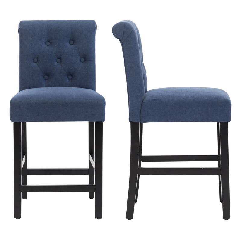 24 Inches Fabric Upholstered Counter Height Bar Stools with Button Tufted Back Set of 2 - Blue-2-piece