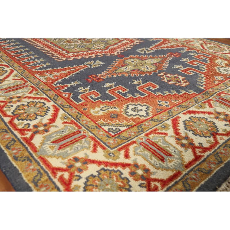 Blue Geometric Viss Indian Area Rug Handmade Wool Carpet - 5'10" x 8'10" - Blue - 5'10" x 8'10"