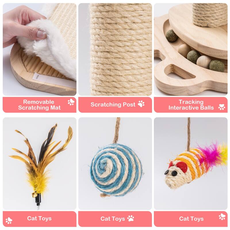 Cat Toy 1-Layer Turntable Cat Ball Toy with Feather Stick,Cat Toy with 5 Interactive Balls ,Cat Scratching Post with Mat