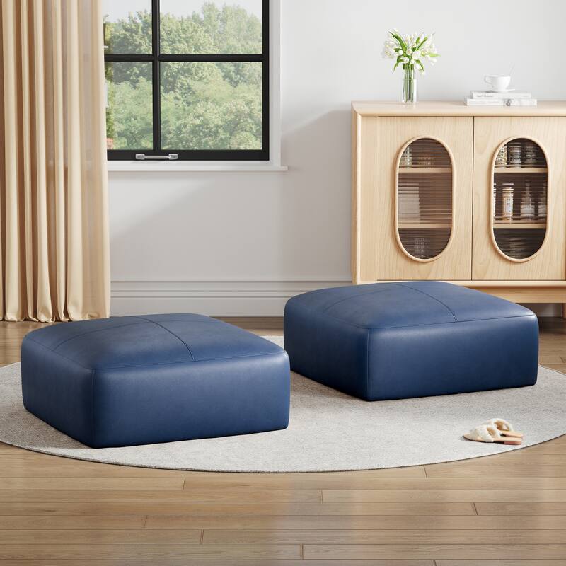 UIXE Genuine Leather Ottoman, Upholstered Ottoman for Living Room - Square-Oversized - Navy Blue-Set of 2