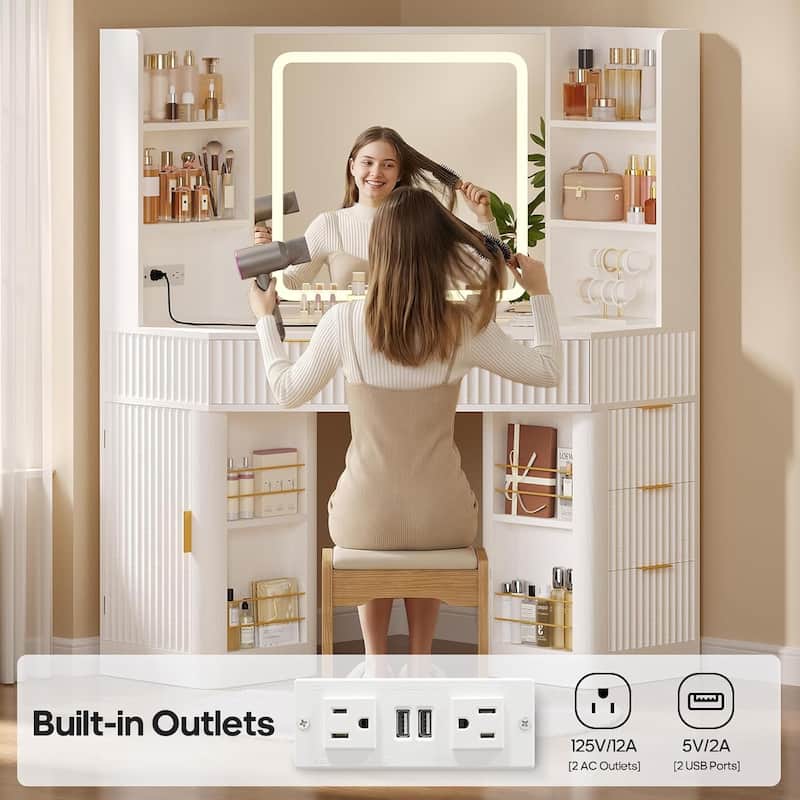 Corner Vanity Desk with Lighted Mirror Drawers Shelves Storage Stool