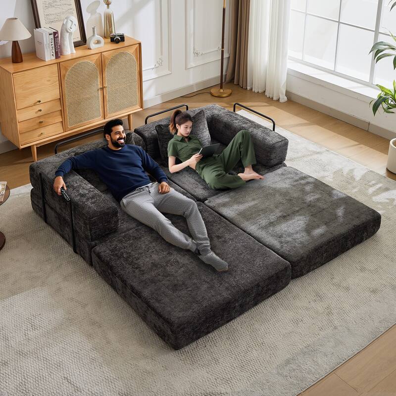 2-in-1 Foldable Sofa Bed Floor Sofa Couch with Armrests, Convertible Lounge Sofa for Living Room Bedroom