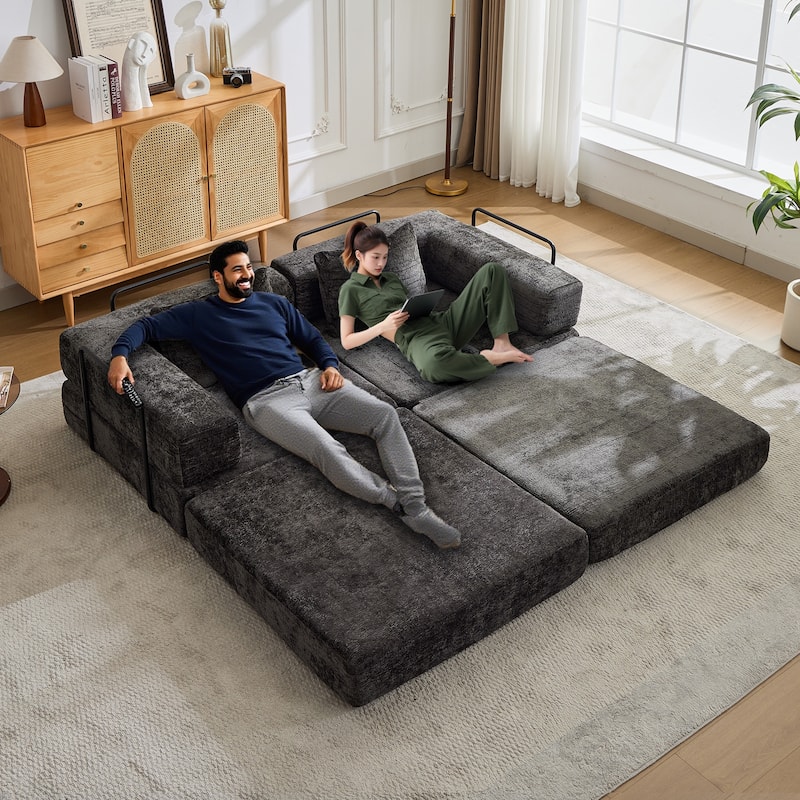 Chenille Loveseat Couch Boneless Modular Sectional Sofa Convertible Floor Sleeper Bed with Fixed-shape Frame for Living Room - Black