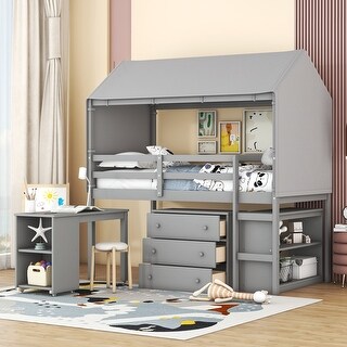 Twin Size House-Shaped Wood Bed Low Loft Bed with Desk & Shelf, Unique Kids Bed Tent Bed with Drawer and Roof for Boys Girls