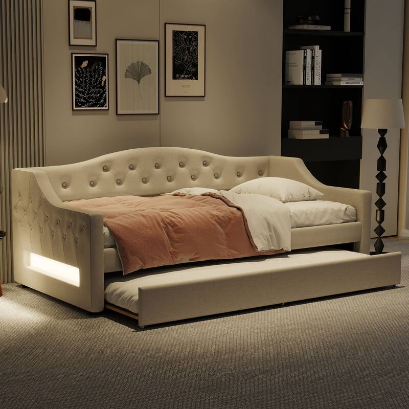 Twin XL Linen Upholstered Daybed with Color-Changing LED Lights and Space-Saving Trundle, Sturdy Frame - Beige