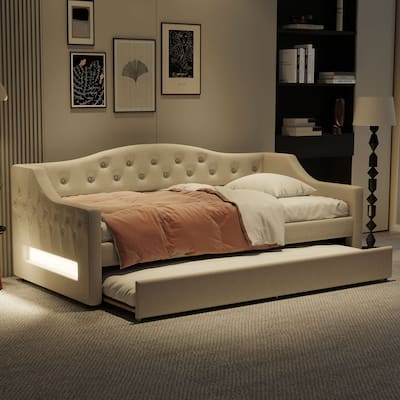 Twin XL Size Linen Daybed with LED Lighting and Hidden Trundle and Upholstered Storage Bed (250lbs Capacity)