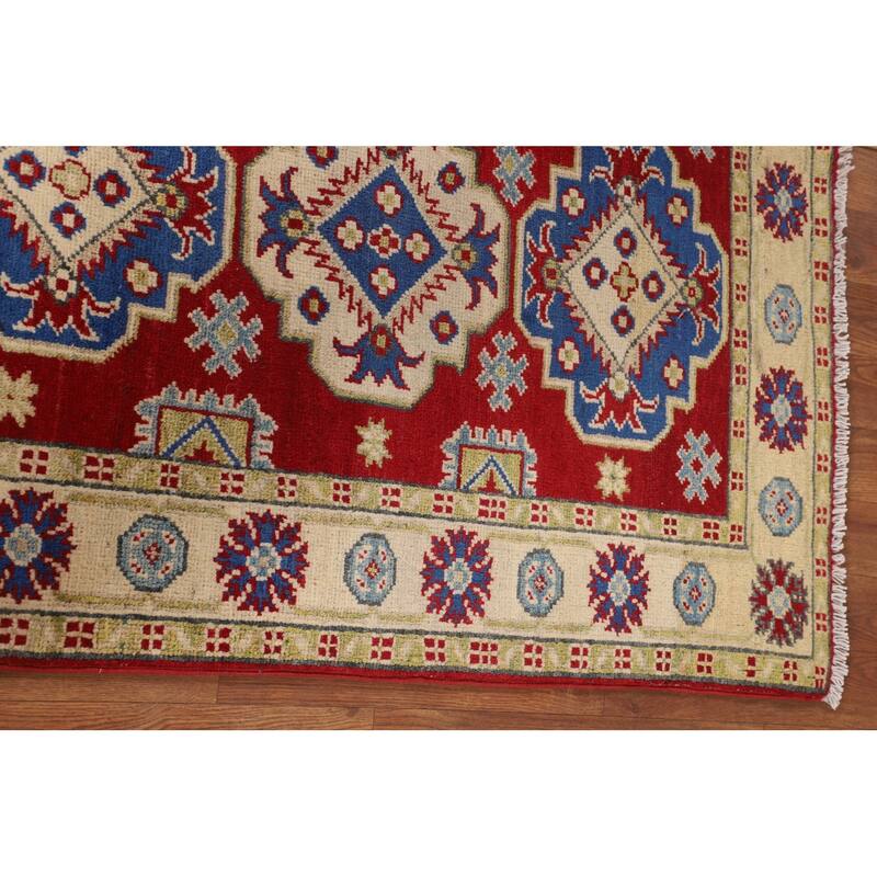 Red Geometric Kazak Oriental Accent Rug Handmade Foyer Wool Carpet - 2'8" x 3'9"