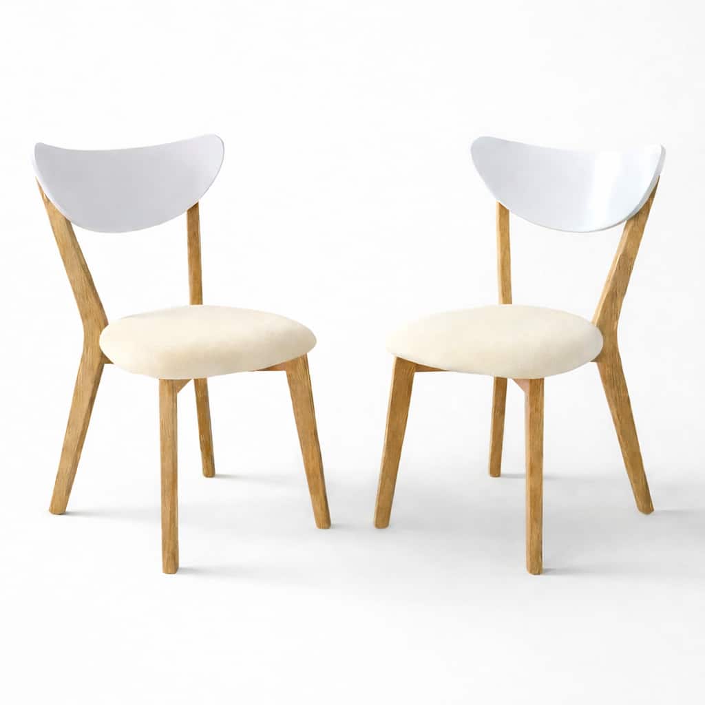 Modern Dining Chairs, Set of 2, White/Natural Finish with Beige Polyester Upholstered Seats Solid Rubberwood