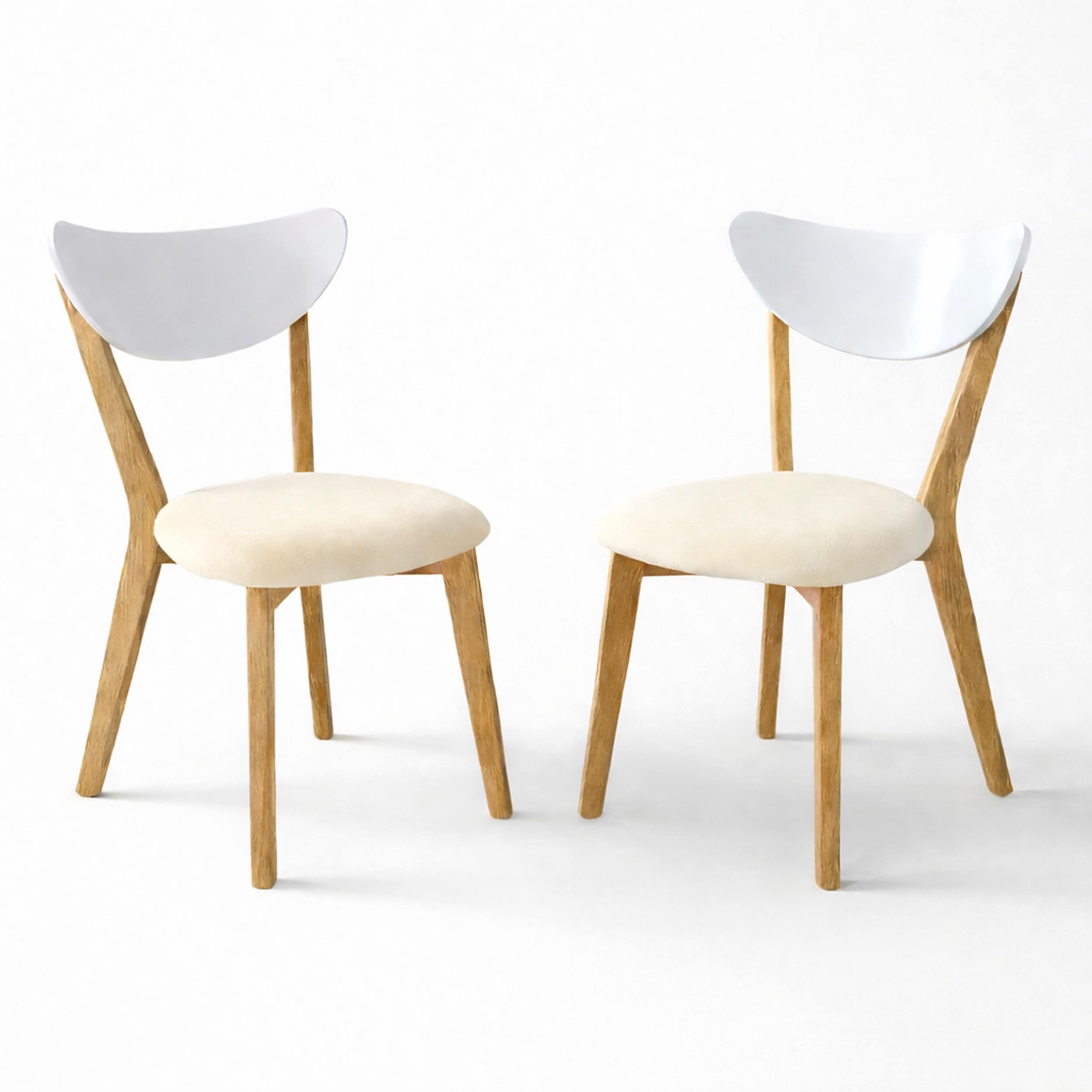 Modern Dining Chairs, Set of 2, White/Natural Finish with Beige Polyester Upholstered Seats Solid Rubberwood