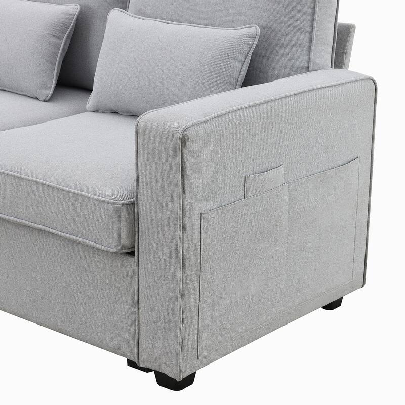 4-Seater Linen Fabric Sofa with Armrest Pockets and 4 Pillows
