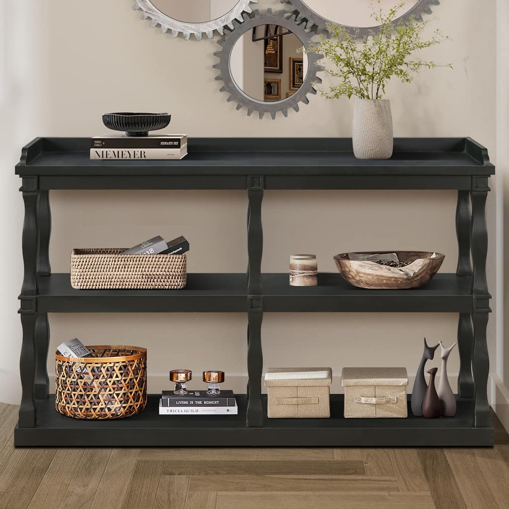 60" Console Table with 3-Tier Open Storage, Roman Column Effect, Black Narrow Entry Table for Living Room and Hallway