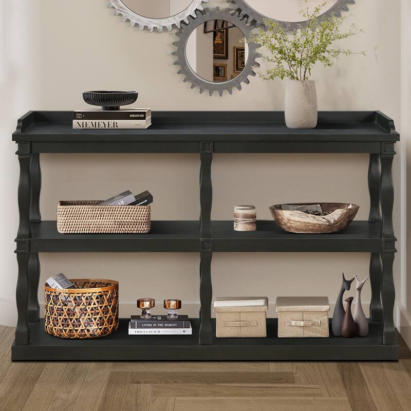 60" Console Table with 3-Tier Open Storage Shelves and Roman Column Support, Elegant Narrow Table for Entryway - Black