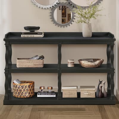 60" Console Table with 3-Tier Open Storage Shelves and Roman Column Support, Elegant Narrow Table for Entryway