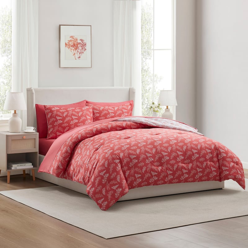 Empyrean 7 Pc Botanical Comforter Set with Sheets, Soft Breathable Lightweight Bedding Bag - Flamingo Pink/Cloudstone - Queen
