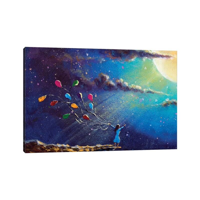 iCanvas "Romantic Girl With Colorful Balloons In Night On Blue Sea" by Valery Rybakow Canvas Print