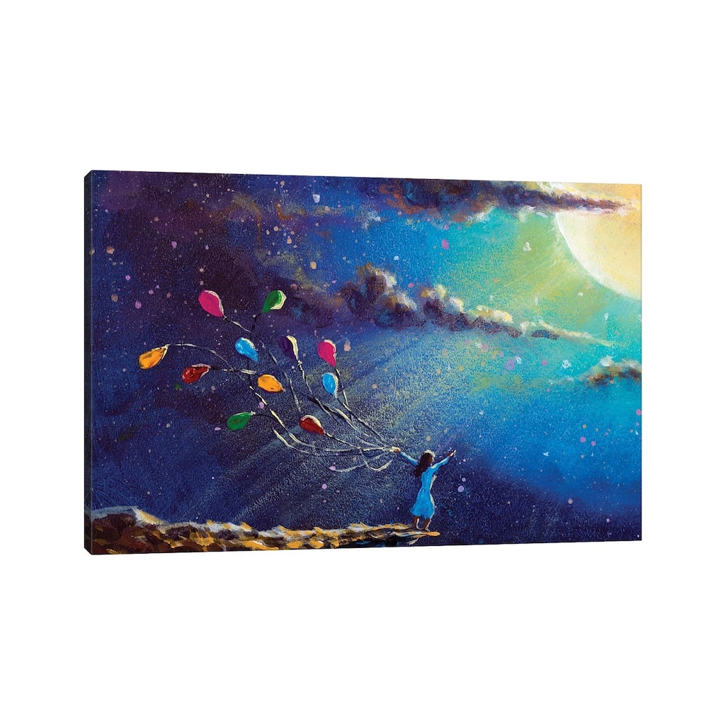 iCanvas "Romantic Girl With Colorful Balloons In Night On Blue Sea" by Valery Rybakow Canvas Print